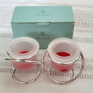 Partylite candle holder tea light candles, frosted glass, looped silver design.
